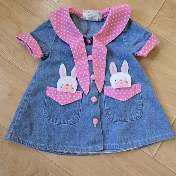 RARE vintage 1990s Storybrook Heirlooms Easter bunny denim pink 2-piece outfit - Picture 3 of 9